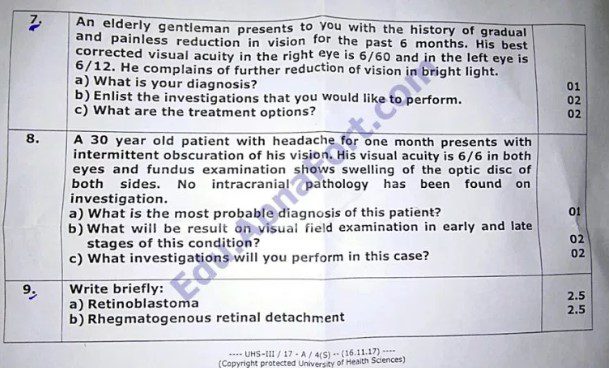 Download UHS Opthalmology 4th Year MBBS Solved Past Papers