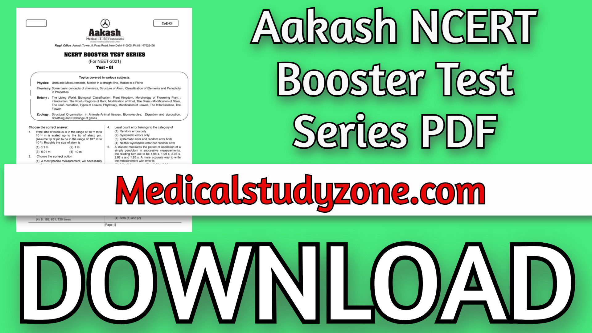 Aakash NCERT Booster Test Series 2021 PDF Free Download