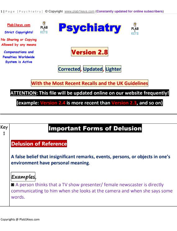 PLABKEYS 2023 Psychiatry PDF Free Download